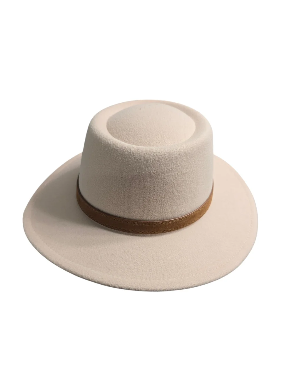 Wool Fedora Hat Womens Vintage Cream Felt Wide-Brim Hat with Brown Band